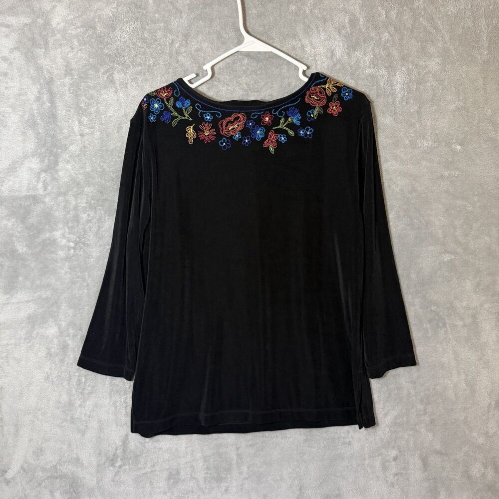 Chicos Travelers Womens 3 Black XL Floral Embroidered 3/4 Sleeve Stretch Top - Picture 3 of 7